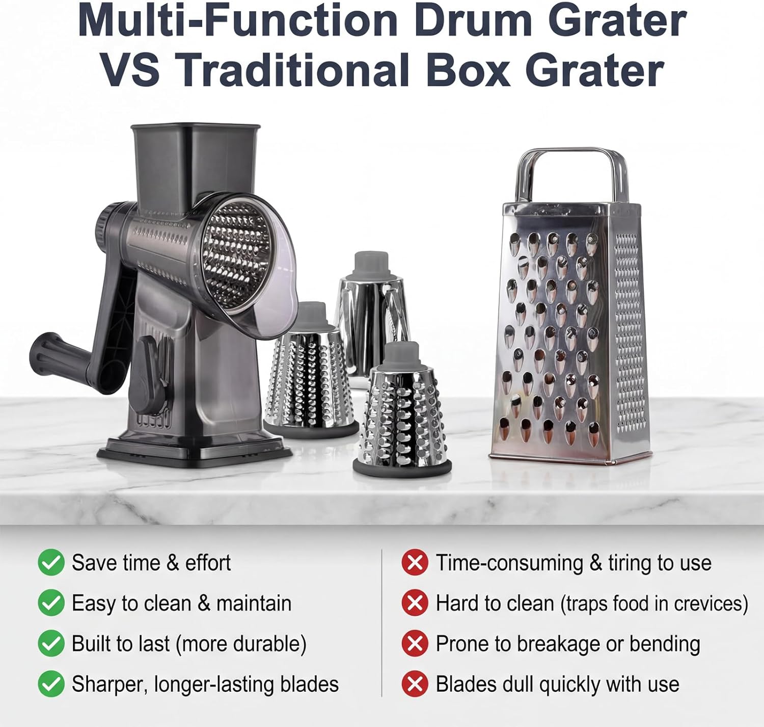Rotary Cheese Grater Hand Crank, Cheese Shredder with 3 Stainless Steel Blades for Fresh Cheese, Carrots, Vegetables, Non-slip & Stable Suction Base, Effortless Grating