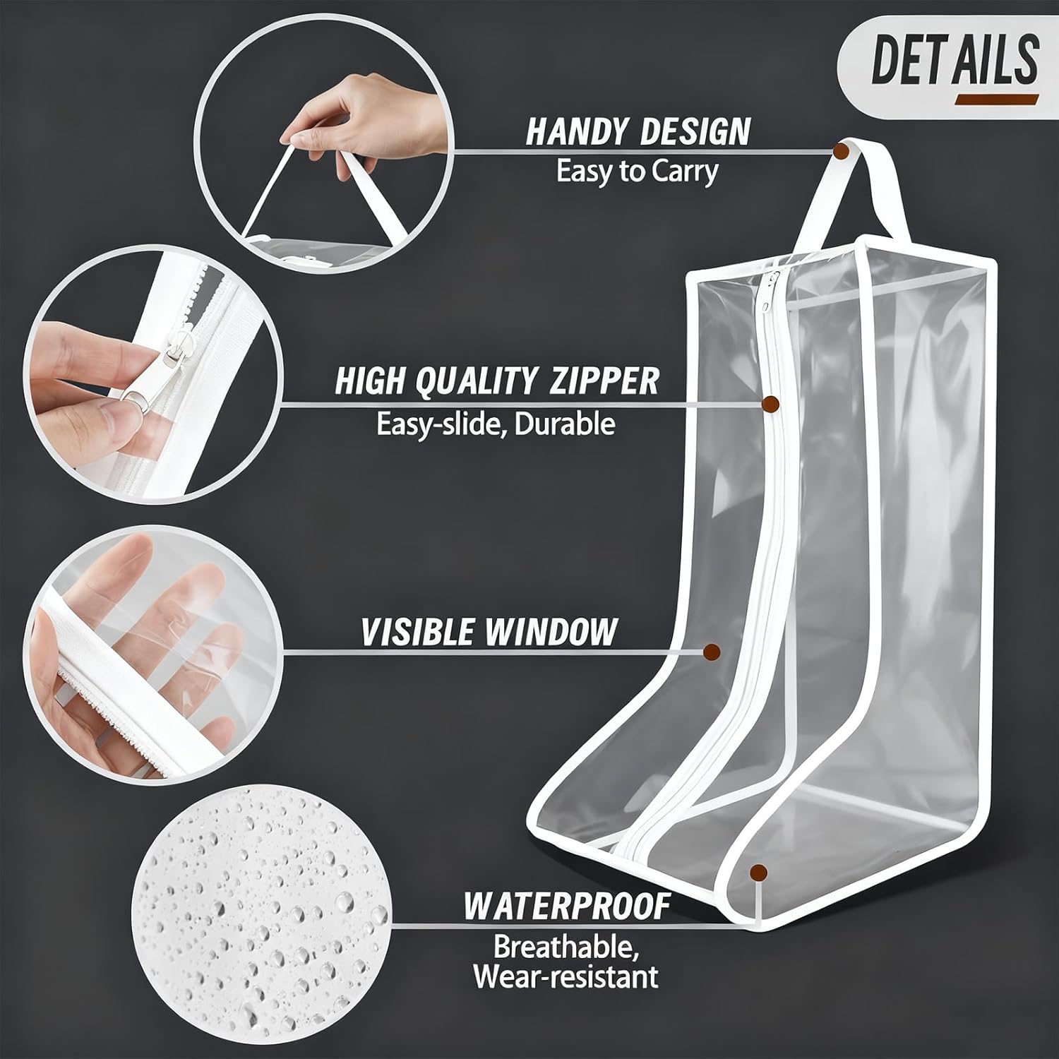 CiBiZi Clear Boot Bags Organizer for Travel Waterproof Cowboy Boots Bag Portable Shoe Travel Bag for Women Hangable Ski Boot Bag Dust-free Tall Boot Storage Bag (4Big-White) - Image 4