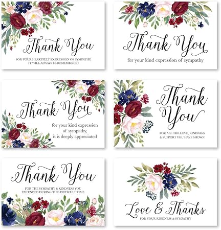 Amazon 24枚 ネイビーブルゴーニュ花柄お悔みサンキューカード 封筒付き お葬式お礼状 感謝の気持ち 伝言用品 宗教 ミリタリー メモリアル メッセージ文房具付き グリーティングカード 文房具 オフィス用品