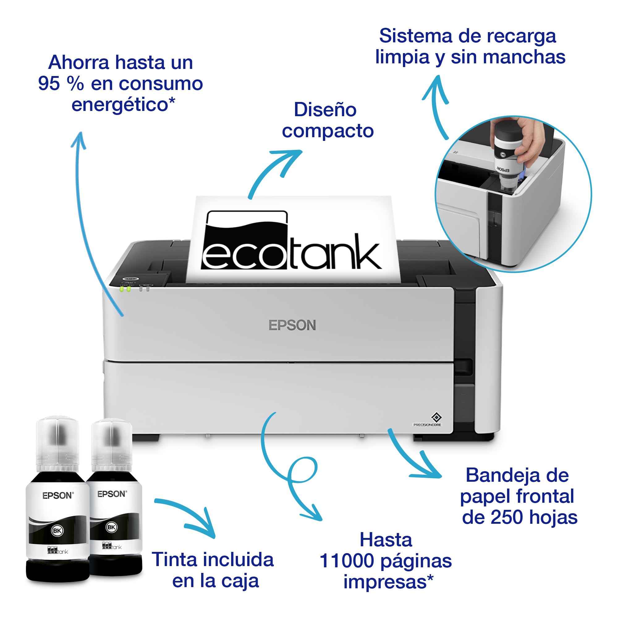 Impresora EcoTank ET-M1170 A4 monocromo con depósito de tinta y conexión Wi-Fi
