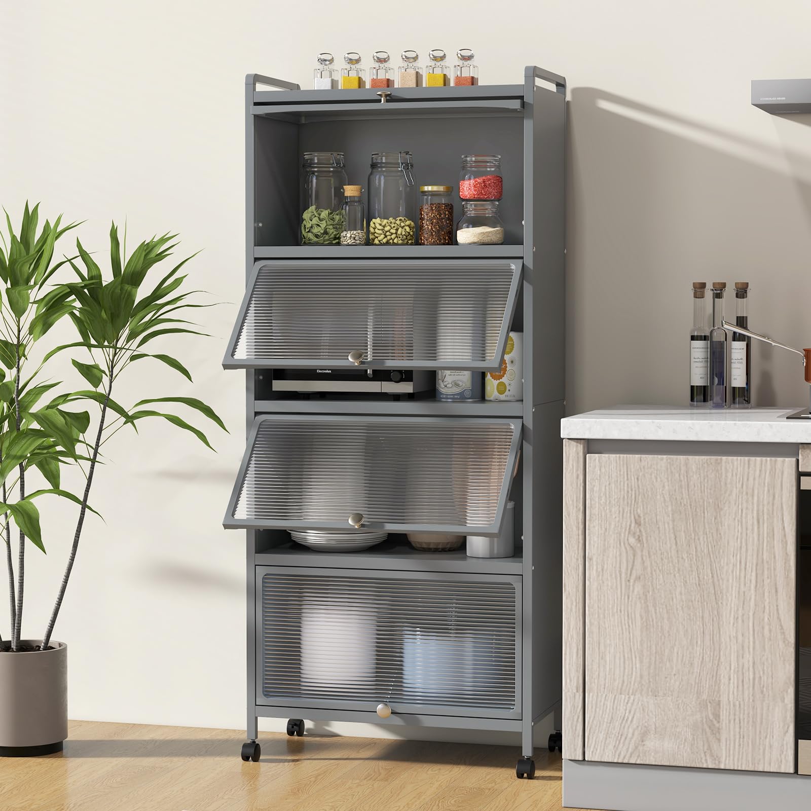 GIANTEX Armoire Cuisine 5 Niveaux avec Portes Rabattables, Meuble Cuisine Rangement à roulettes Universelles, Cadre en Métal, Étagere Cuisine pour Salon, Kit Anti-basculement, 60 x 32 x 154 cm(Gris)