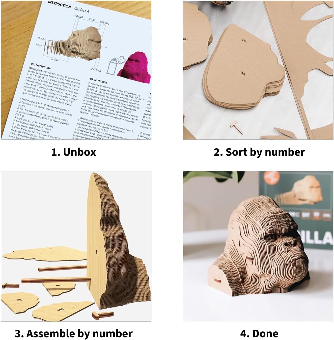 Gorilla Cardboard 3D Puzzle, 116 Pieces, 6 × 6 × 5 inches, Recycled Materials, DIY Sculpture Kit