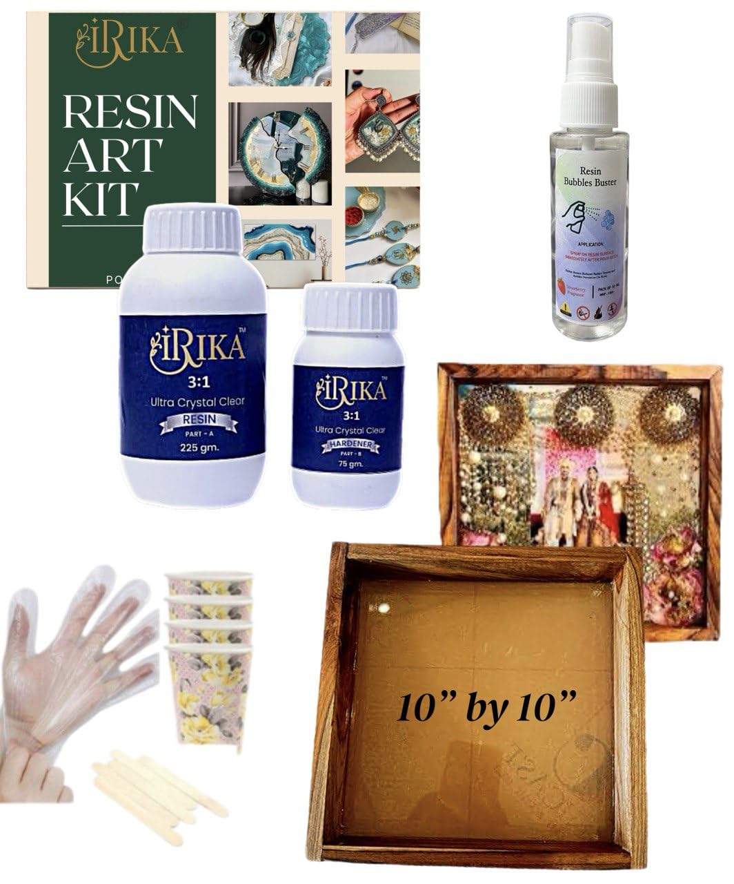 EpiLux VARMAKA 10x10” Frame Making Kit | 300g Ultra Clear 3:1 IRIKA Deep Casting Resin | Teak Wood Acrylic Frame + Bubble Remover + DIY Tools