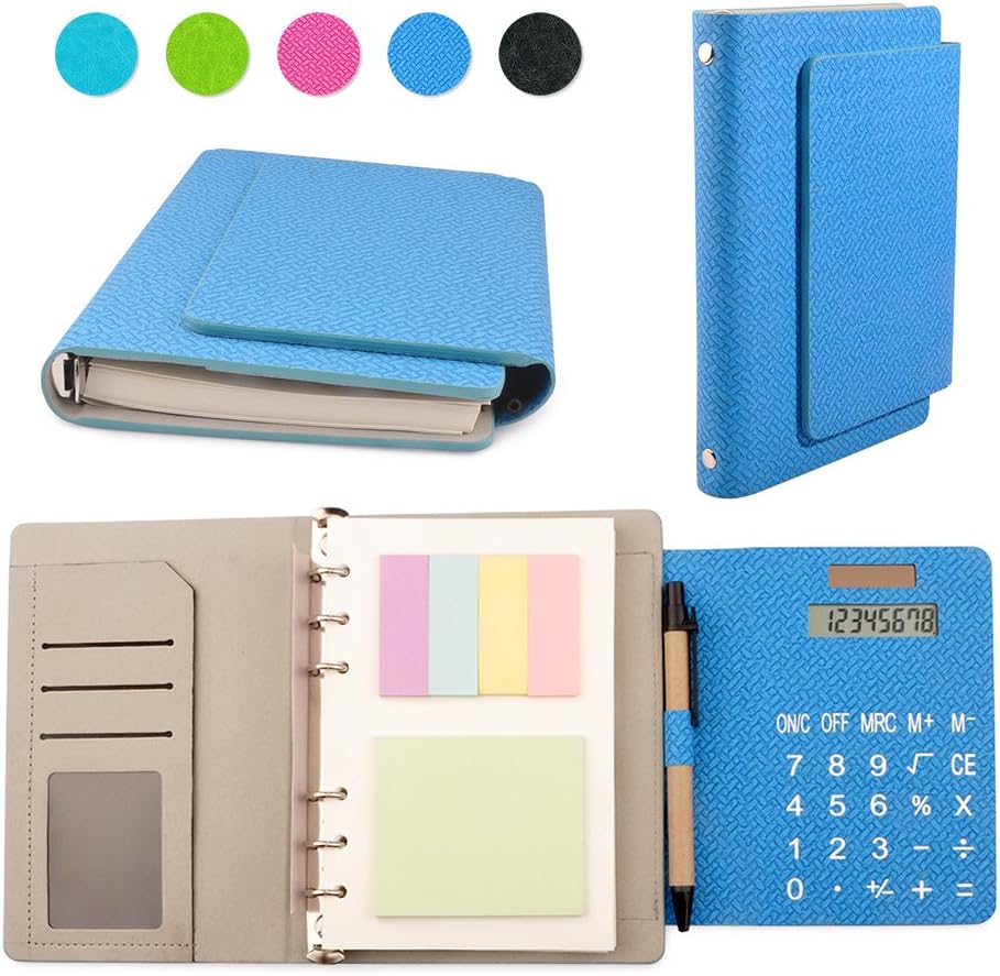 Back to School Woven Pattern Leather 6 Ring Binder Office Business Notebook Multifunction Diary Memo Books with Calculator and Sticky notes in 7"(7-1/4"x5-1/2"x1-1/4")