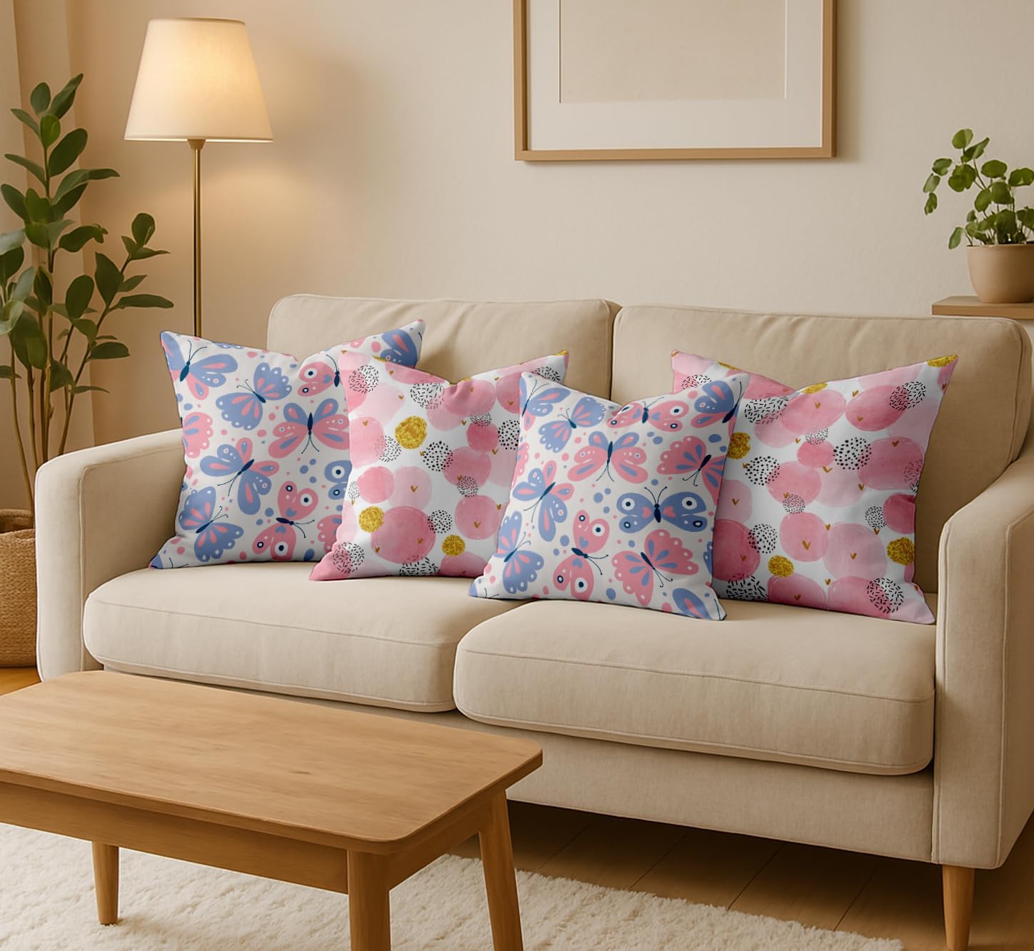 Set of 4 16x16 Cotton Cushion Covers - Decorative Reversible Pillow Covers with Concealed Zipper - Filler Not Included - Butterfly Print, Pink