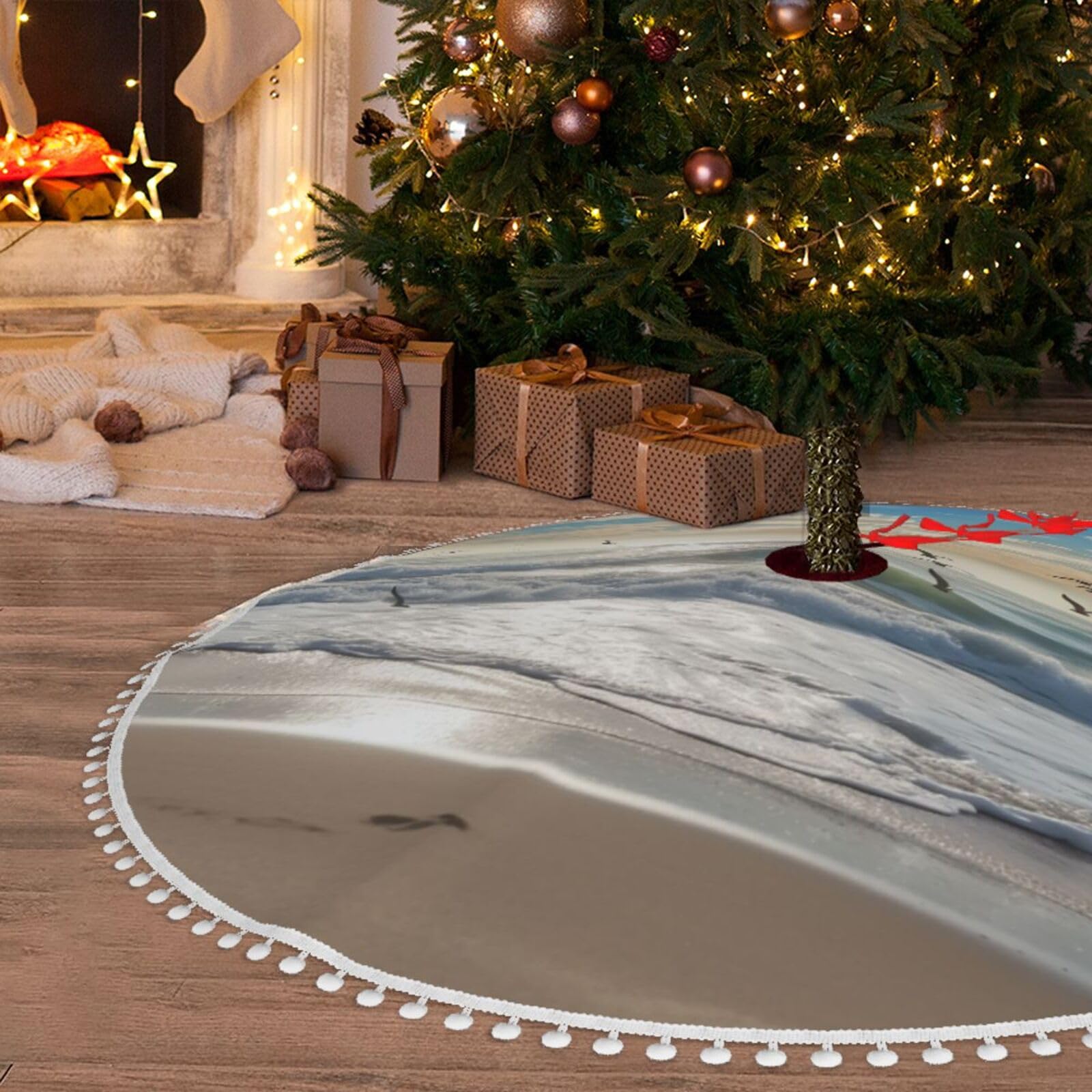 Jupe de sapin de Noël haut de gamme 121,9 cm à pompons et motifs marins texturés