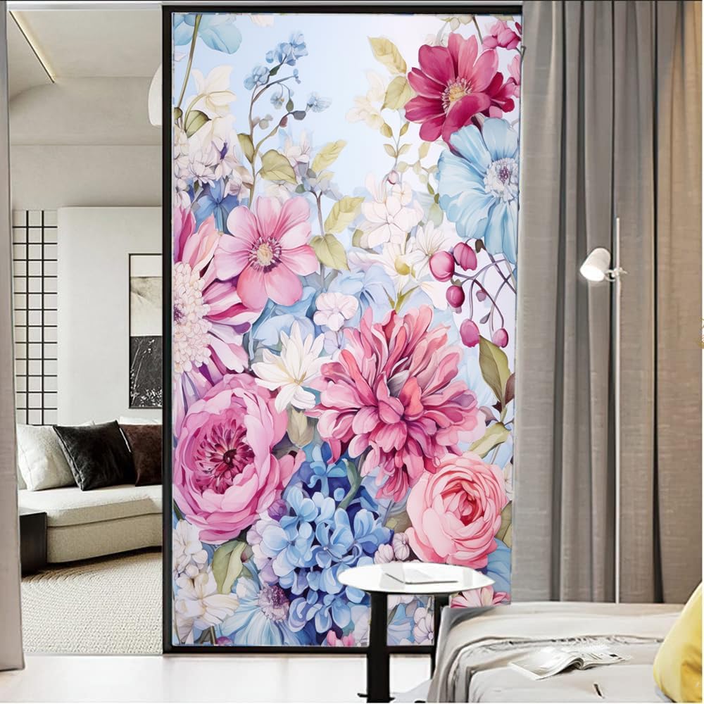 Rustic Flowers Privacy Window Film Colorful Peonies Floral Stained Glass Window Coverings Adhesive Sticker Frosted Window Film for Home Office Stores 35.4Wx63L inch