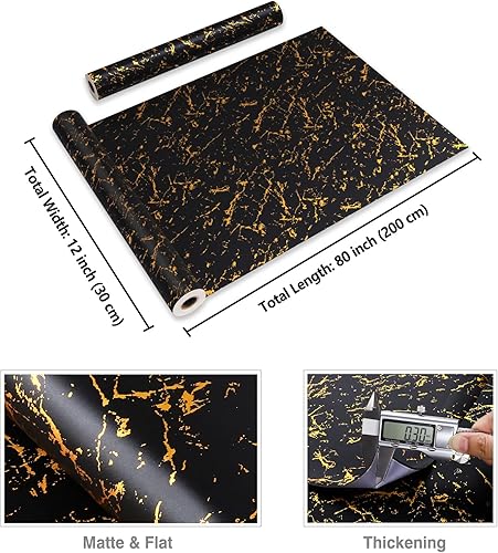Miniatura 8 de CRE8TIVE Papel adhesivo de mármol negro dorado para armarios, papel de contacto de mármol mate impermeable para encimera, papel de contacto negro