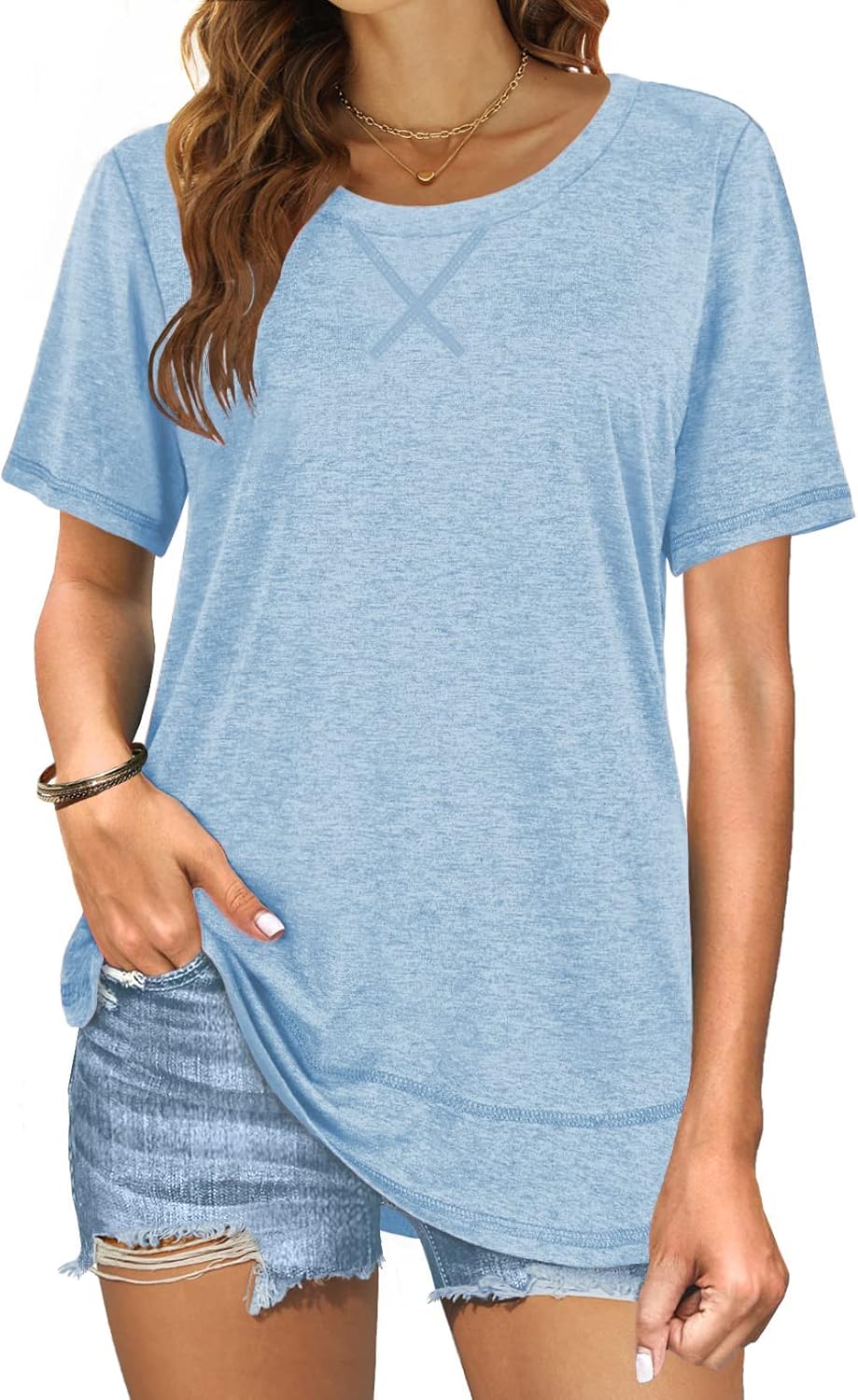 Beimuc Summer Tops for Women Short Sleeve Crewneck Tshirts Side Split Loose Fit Tunic Shirts