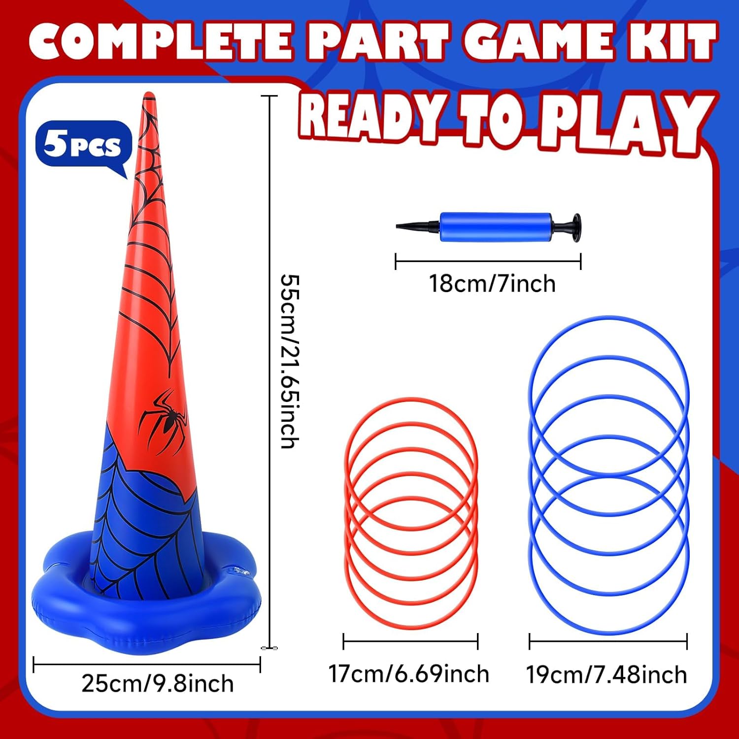 5 Pack Inflatable Spider Web Ring Toss Game - Red and Blue Spider Themed Birthday Party Games with 10 Plastic Rings & Pump, Indoor Outdoor Carnival Toss Toy for Kids Party Favors