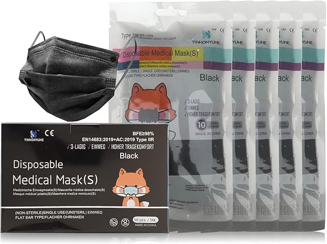 YINHONYUHE Medical Disposable Face Mask For Kids, 50 Units, Colour Black, CE Certified, BFE 98%, EN 14683:2019+AC:2019 Type IIR