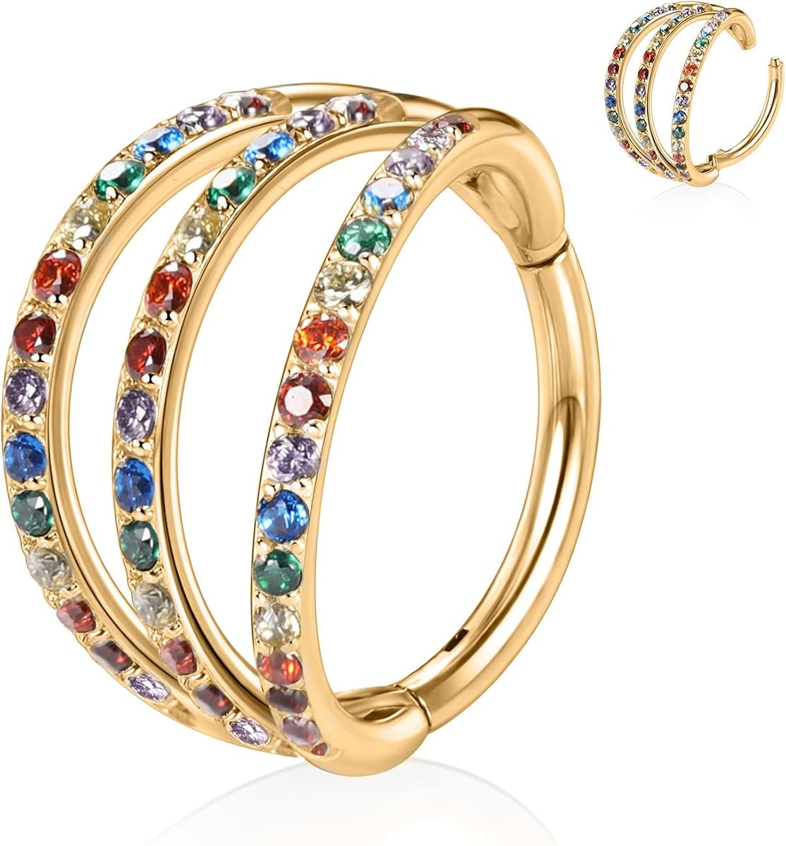 Mix CZ Triple Hoop Nose Ring Conch Helix Cartilage Septum Piercing Jewelry | 316L Surgical Steel Hinged Triple Nose Hoops for Women Men,Uesd in Nose,Septum,Lip and Ear Piercings,16G,6/8/10mm