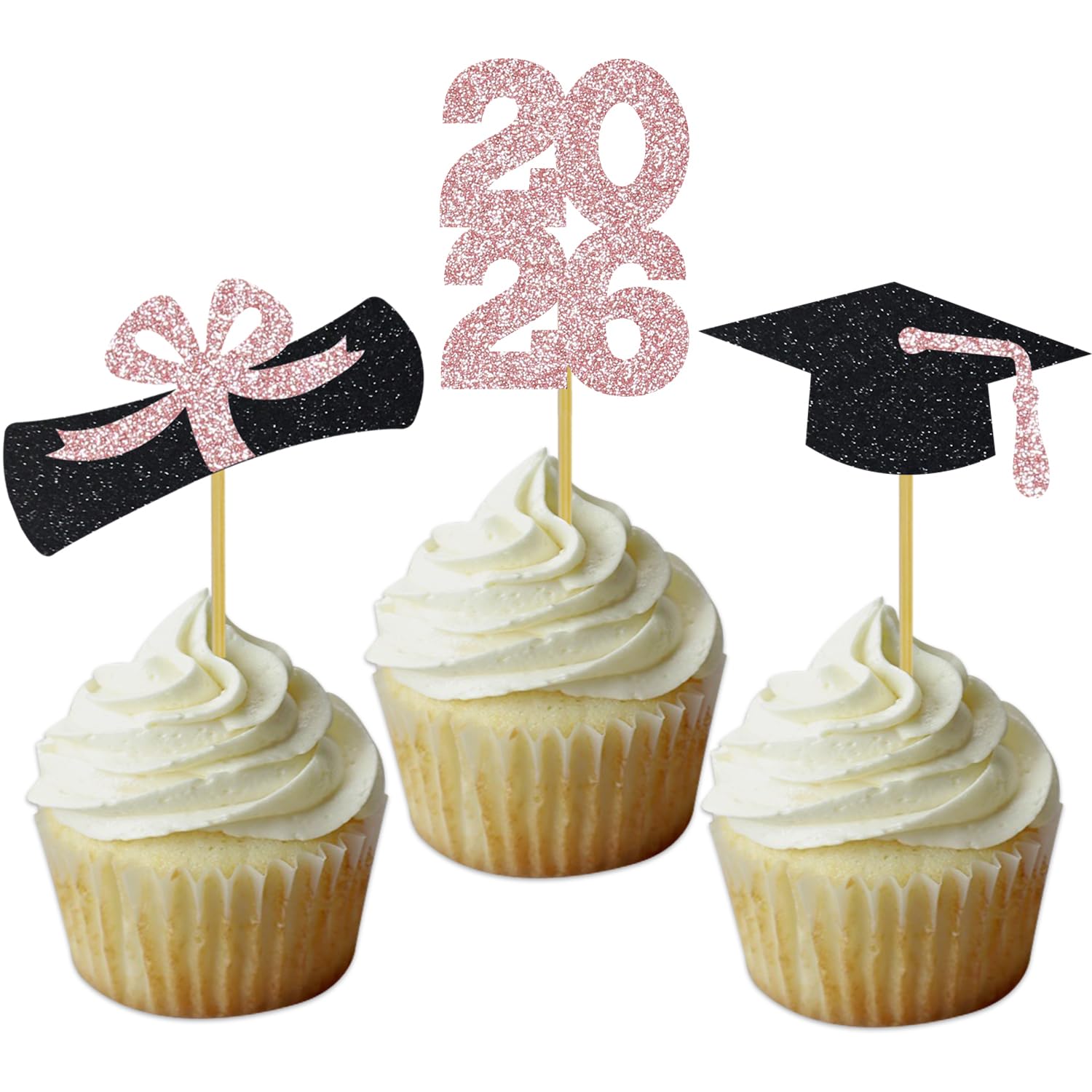 Graduation Cupcake Toppers Grad Party Decoration Food Picks Congrats Glitter Diploma Cap School Colors Supplies 24 PCS Rose Gold