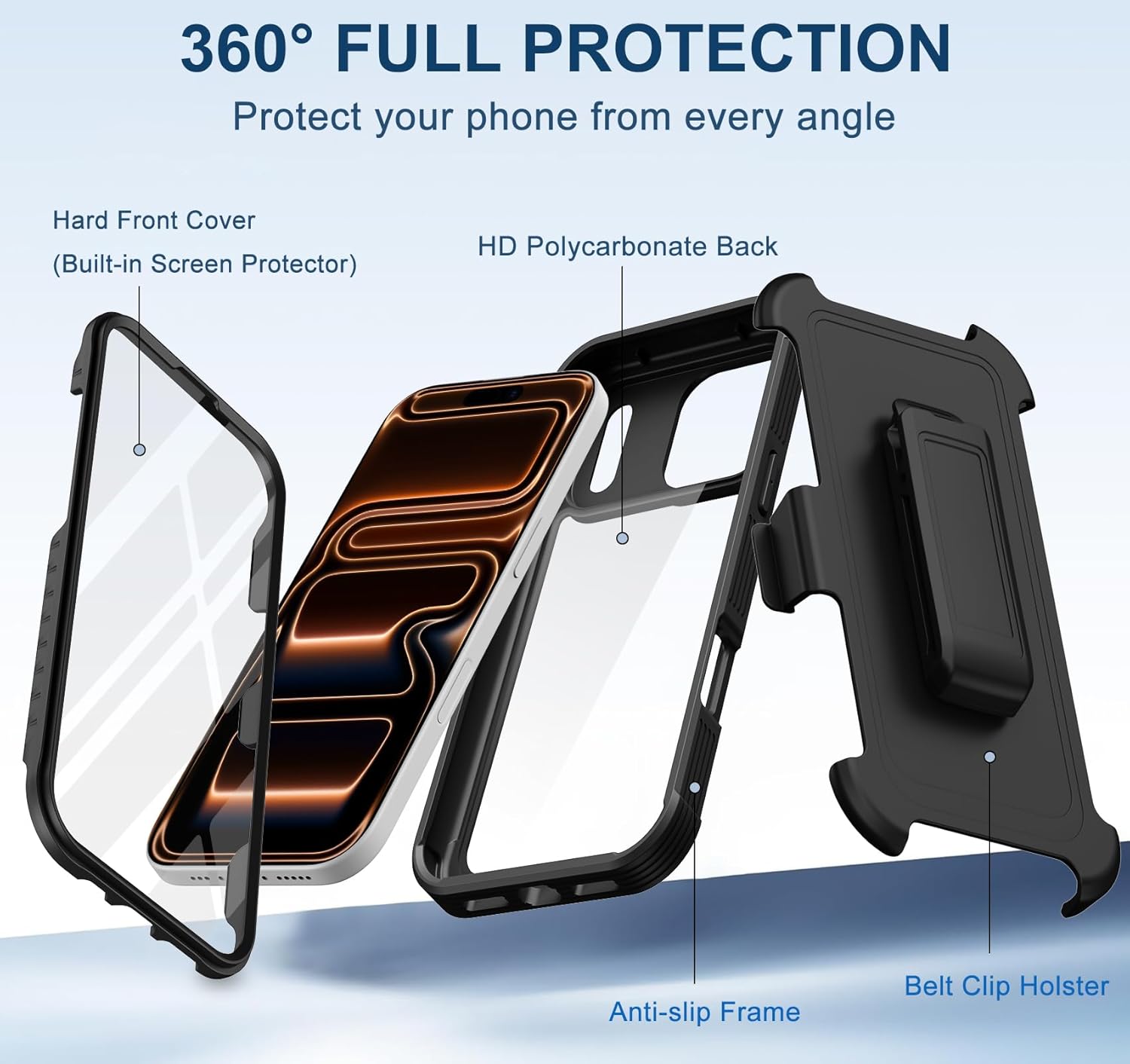 RubCase for iPhone 17 Pro Max Case, Full Body Phone Case with Built-in Screen Protector & Belt Clip Holster, Military Grade Drop Protection Rugged Cell Phone Cover for 17 ProMax 6.9” (Clear Black) - Image 3