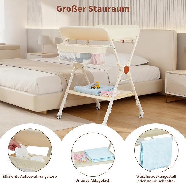 Table à Langer Pour Bébé, 69 * 68.8 * 107 cm, Table a Langer Pliante Avec Ceinture De Sécurité, Quatre Roues Avec Freins Et Un Panier Latéral, Pour Nouveau-Nés, Beige - 3