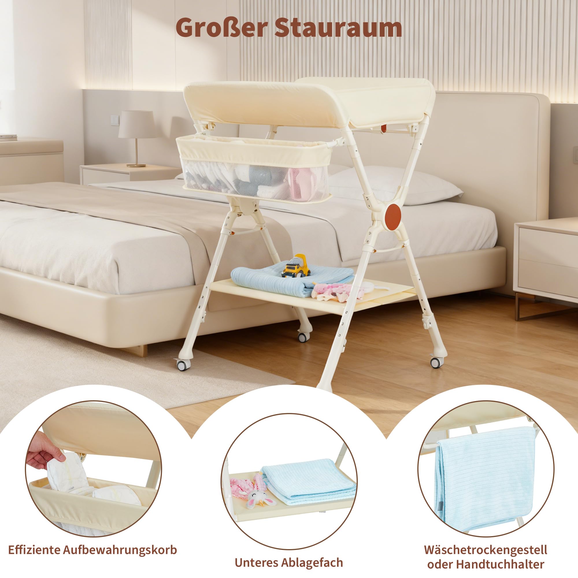 Aptliton Cambiador de bebé 69 x 68,8 x 107 cm, cambiador plegable de hierro y tela con cinturón de seguridad, cuatro ruedas con frenos y cesta lateral, altura ajustable para recién nacidos, B
