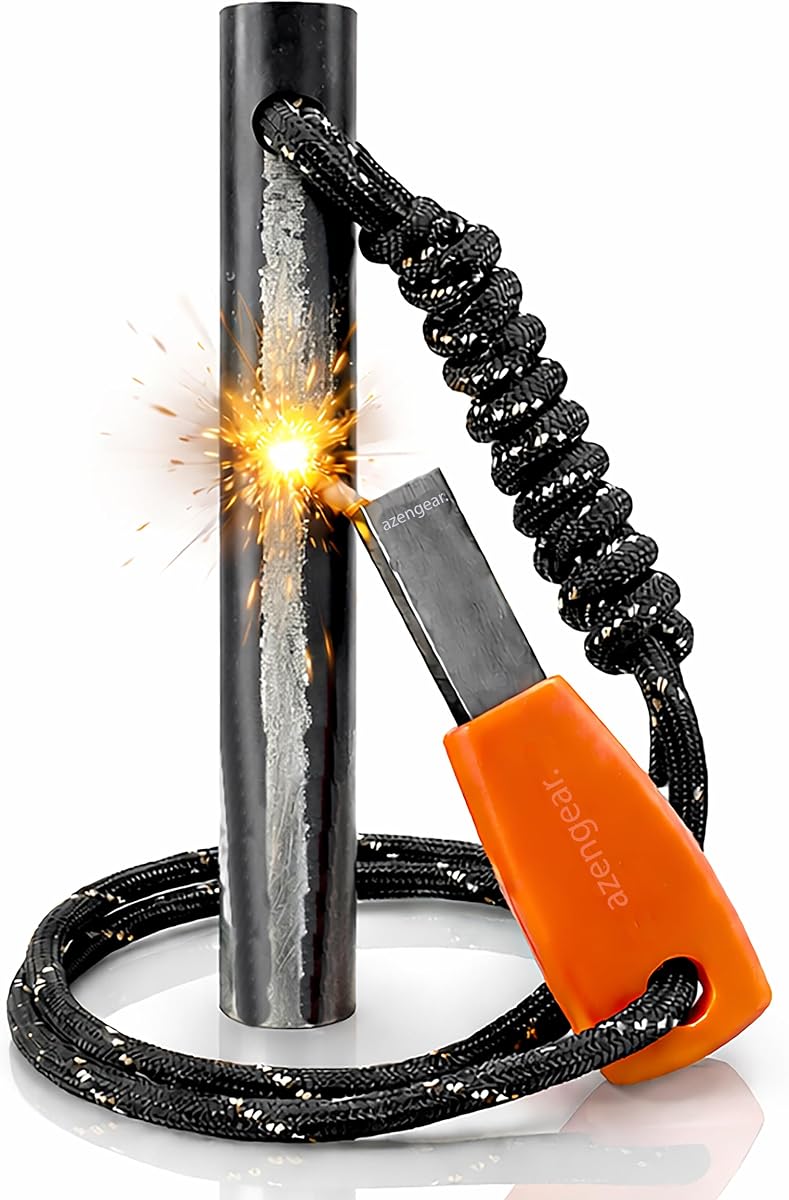 Kit de supervivencia para iniciador de fuego Ferro Rod, pedernal y delantero de acero, 4 x 3/8 pulgadas | 15,000 golpes, chispas de 5,400F, resistente al agua, funciona en húmedo o frío, camping, senderismo, equipo de bushcraft, transporte diario