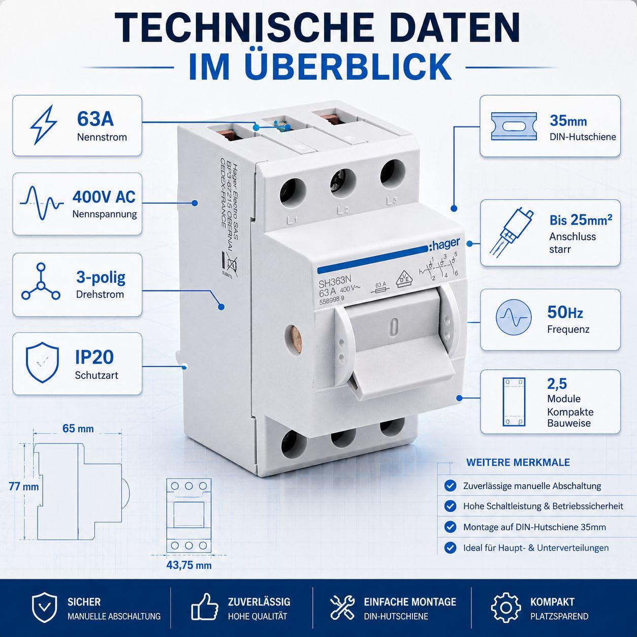 Hager SH363N Hauptschalter 63A 3-polig für Hutschiene, Ausschalter 400V AC, Kompaktschalter für Unterverteilung Hauptverteilung Schaltschrank DIN-Schiene 35mm 3x63 Ampere