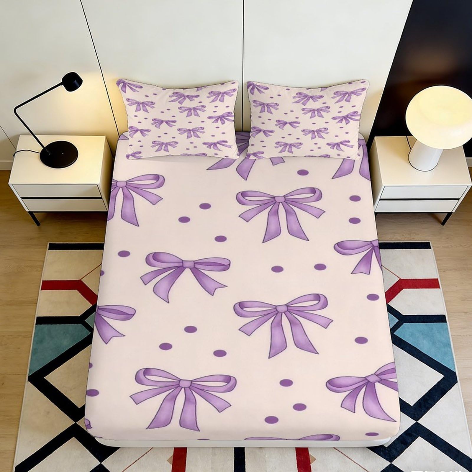 Pnayamiorkfel Style-6 3D Printed Purple Bow Polka Dot Fitted Sheet Microfiber Soft Bed Cover For Bedroom Dorm Mattress Protection Decor 90X200x25cm