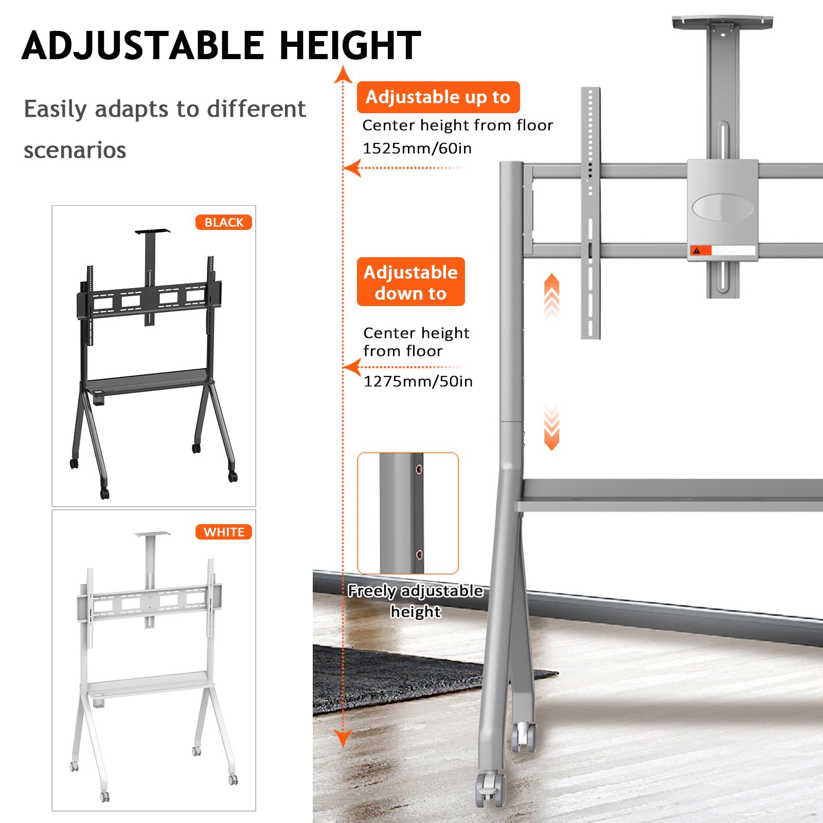 Soporte móvil para TV con ruedas, carrito rodante con altura ajustable, soporte de TV para televisores LED/LCD/OLED de 42 a 120 pulgadas, soporta hasta 150 kg, perfecto para el hogar u oficina