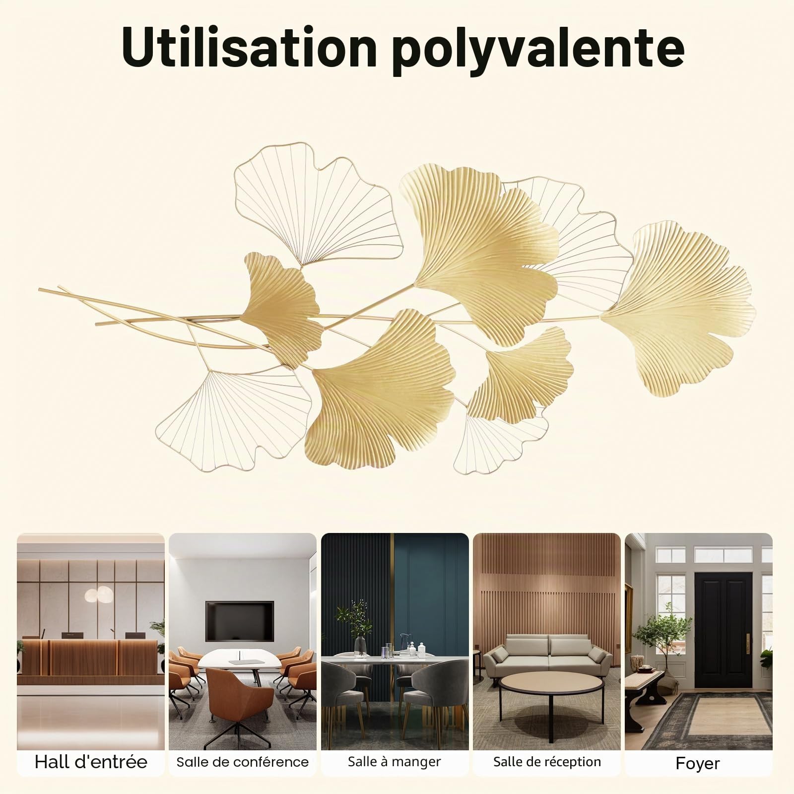 XUEMANSHOP Décoration murale en métal Gingko 55X110cm, Décoration murale pour le salon 3D Deko Or pour maisons résidentielles, modèles de villas, restaurants d'hôtel, établissements publics