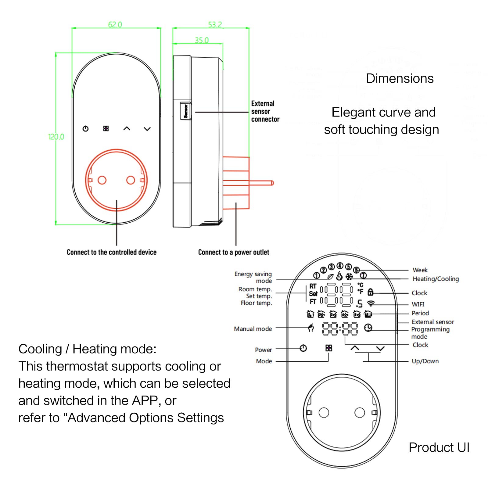 Presa Termostato Digitale di Raffreddamento e Riscaldamento, Termostato con Sonda，Presa con Termostato Wifi Alexa，Termostato Ambiente Programmabile,Cronotermostato Smart Wifi