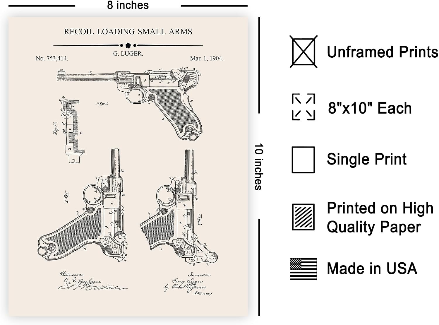 Poster Master Firearm Blueprint Poster - Recoil Loading Small Arms Patent Print - Military Art - Explosives Design - Weapon Design - Technical Drawing - Great Office Wall Decor - 8x10 UNFRAMED