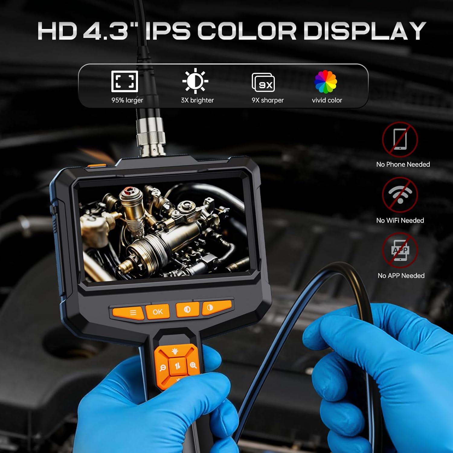 Dual Lens Endoscope Camera with Light, FFXET 4.3" IPS 1080P HD Inspection Camera, 8 Adjustable LEDs, 16.4ft Semi-Rigid Snake Cable, IP67 Waterproof, Borescope for Automotive,Sewer,HVAC,Wall, Men Tools