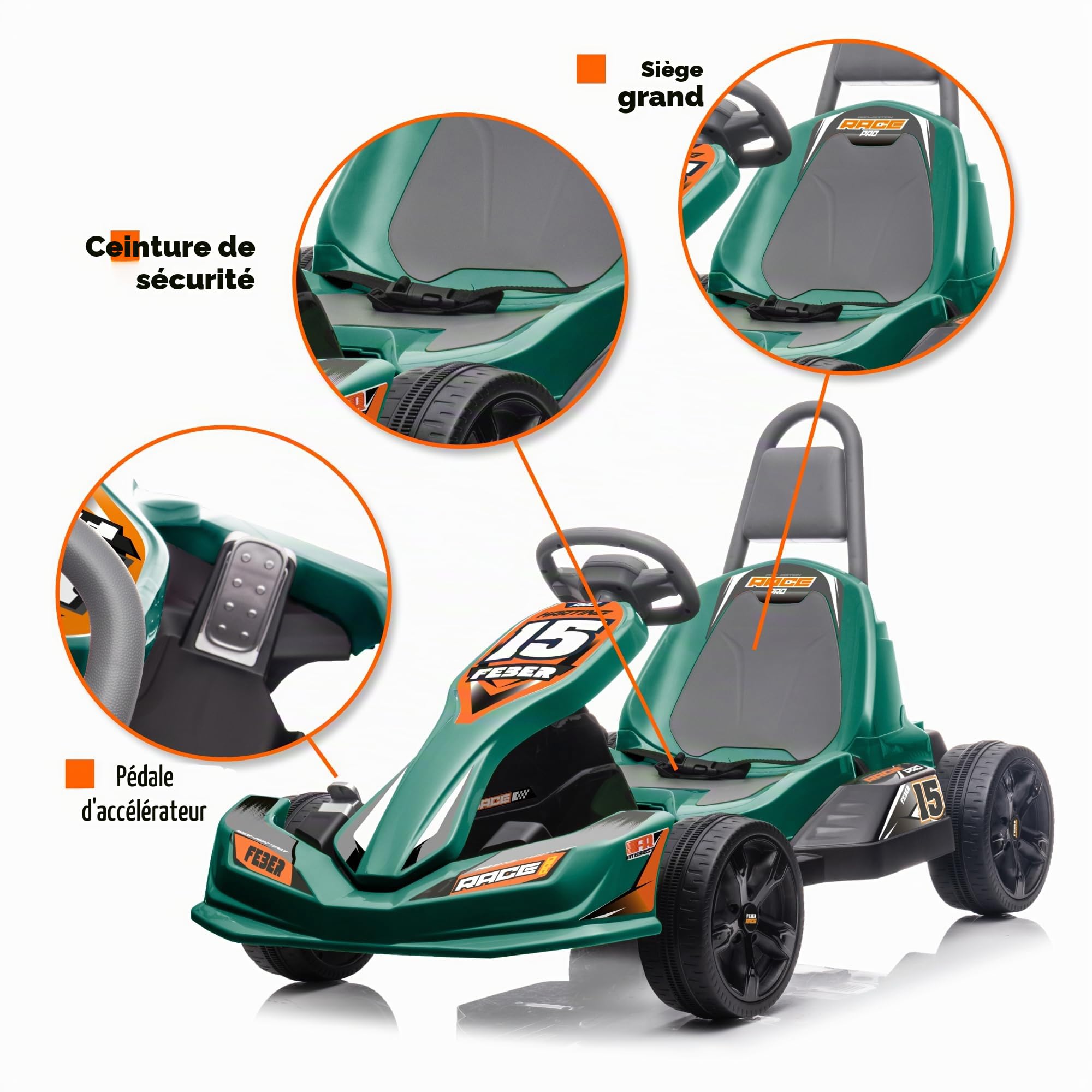 FEBER - GO Kart 12V | Voiture Kart Formule 1 pour Enfants, Verte, Style Sportif, avec 2 Vitesses et Une Vitesse comprise Entre 3 et 5 km/h, sans Danger pour Les Enfants de 3 à 5 Ans