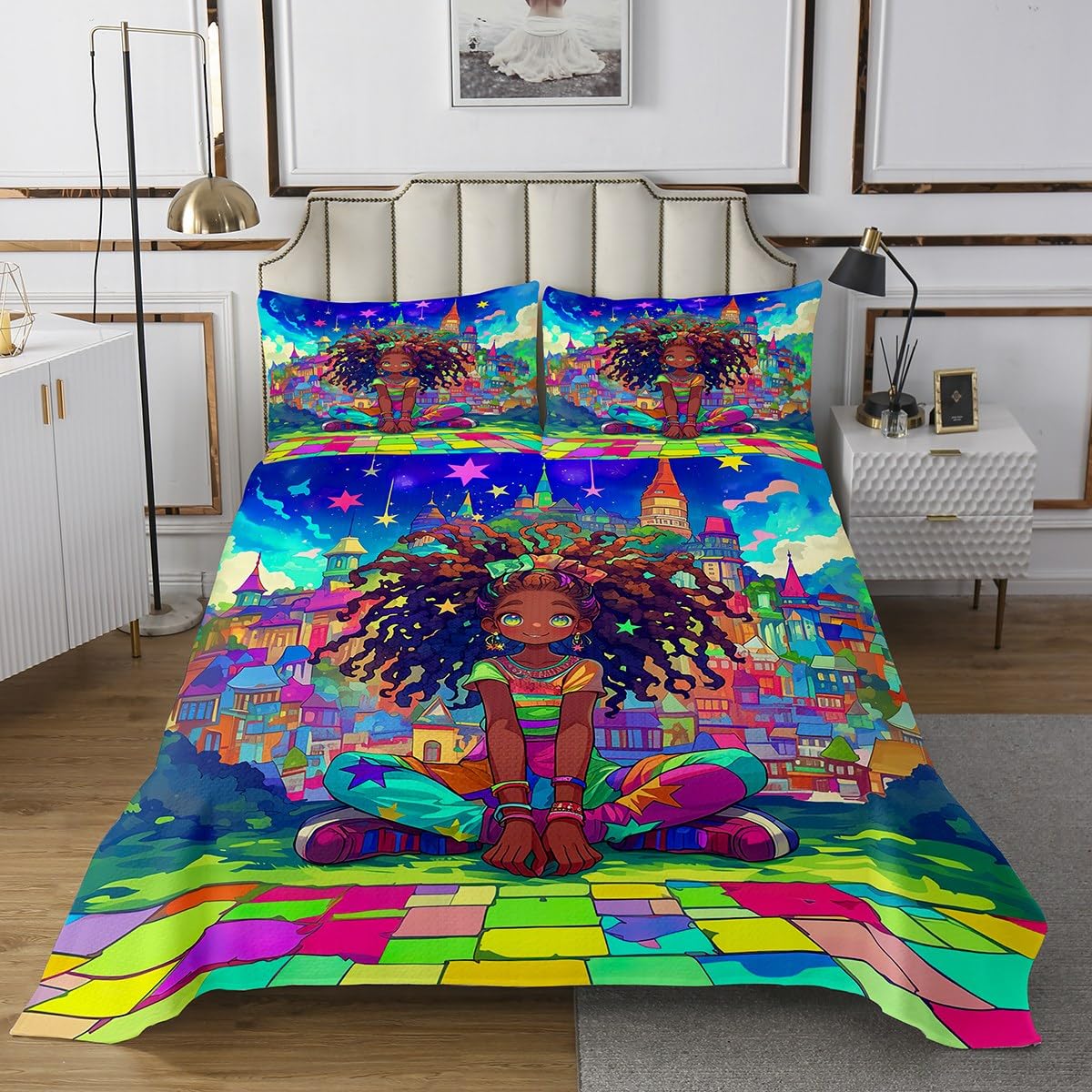 jejeloiu Kids Cute Black Girl Quilted Coverlet King Size African American Girl Bedspread for Boys Girls Star Print Coverlet Set Quilted,1 Bedspread+ 2 Pillow Shams?No Glitter?