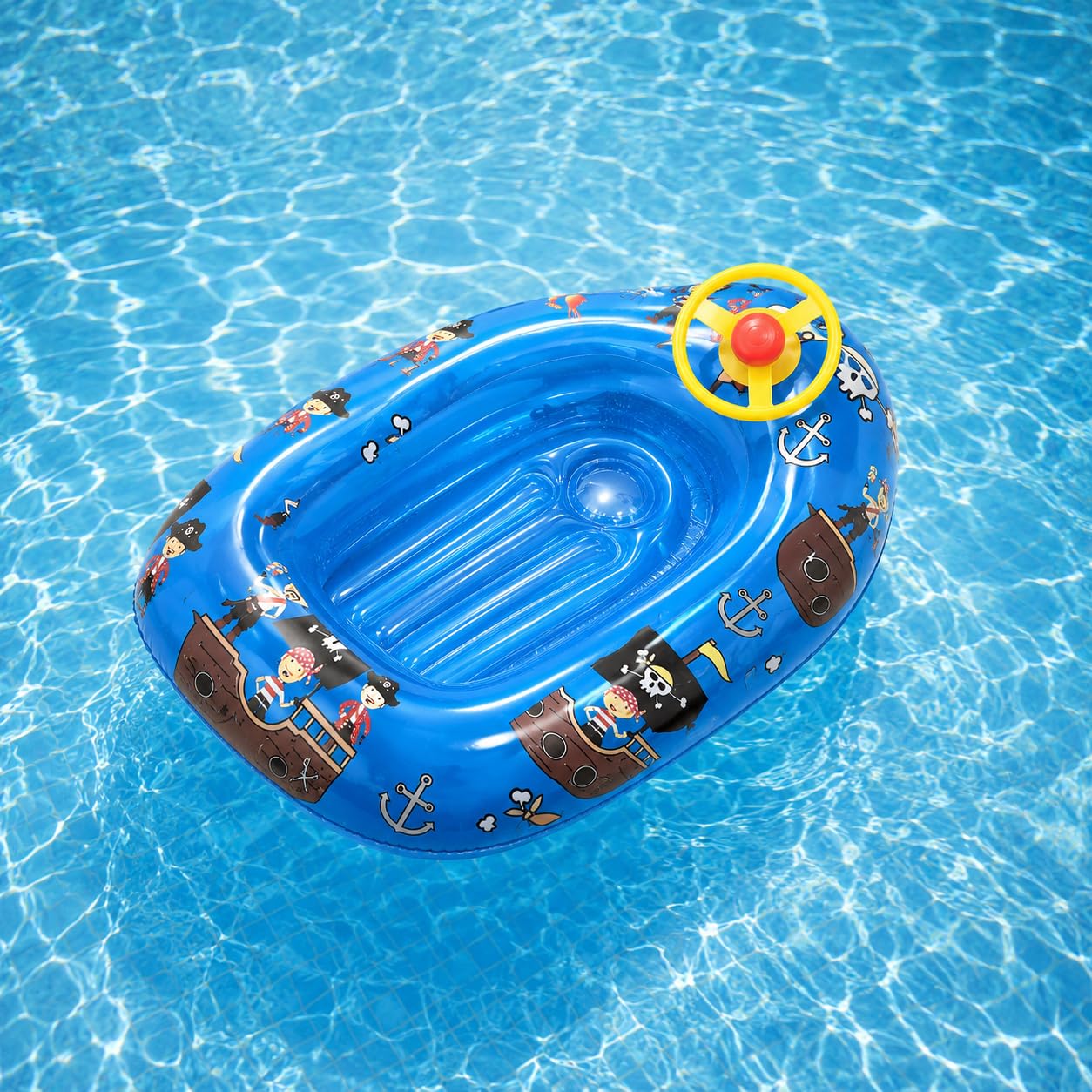 AREMAR Barca Hinchable Infantil Con Volante Para Piscina Y Playa – Modelo Pirata Azul De 115 Cm, Incluye Parches De Reparación