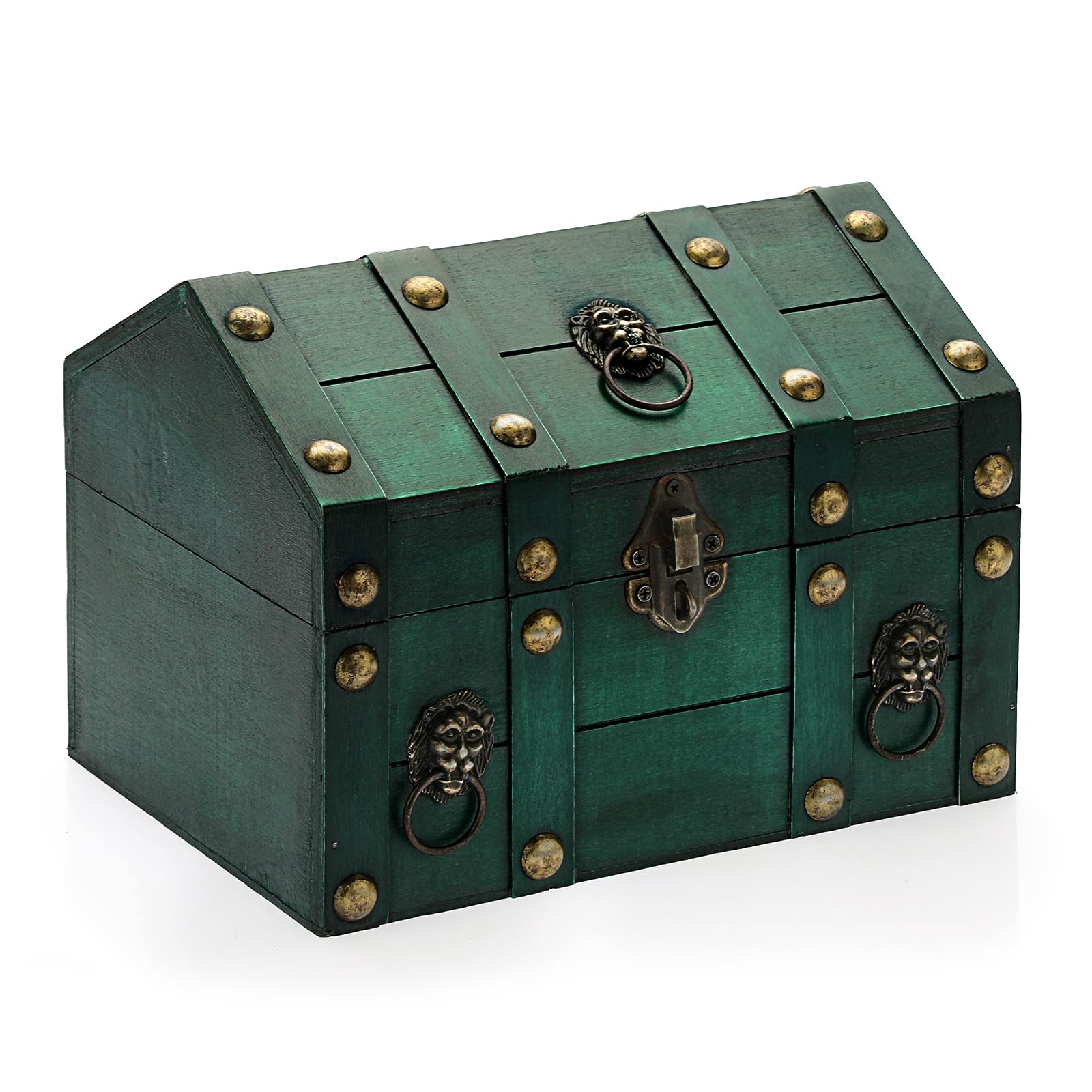 ELLDOO Vintage Wooden Treasure Chest, Pirate Treasure Storage Keepsakes Box for Kids Gifts Pirate Theme Party, Decorative Box for Jewelry Pearl Trinkets, Vintage Green