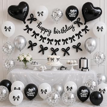 Black Silver White Bow Birthday Decorations, Coquette Party Decor with Happy Birthday Banner, Bow Balloons and Heart Foil Balloons for Girls and Women Party
