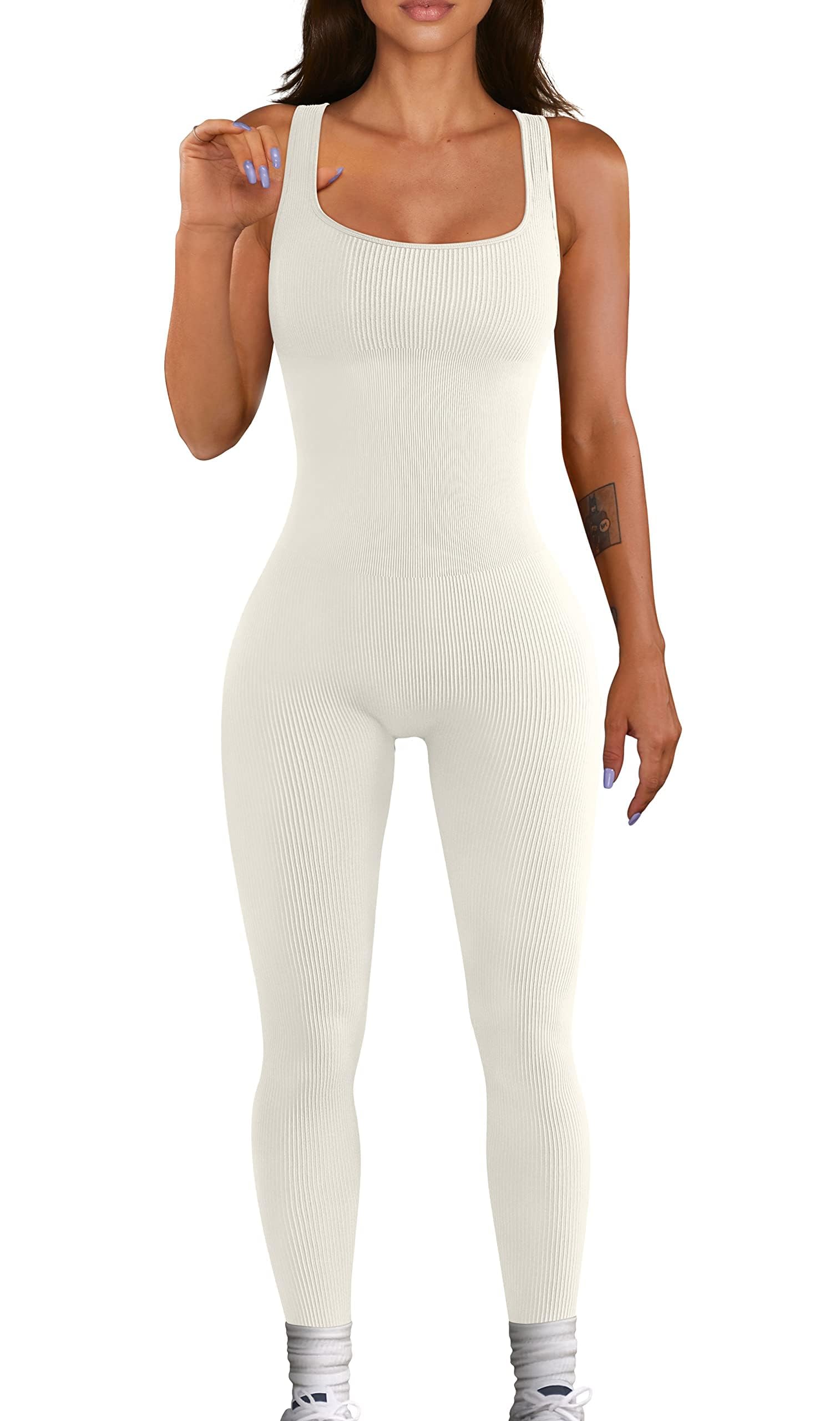 Womens Workout Ribbed Jumpsuit Yoga Square Neck Leggings Romper