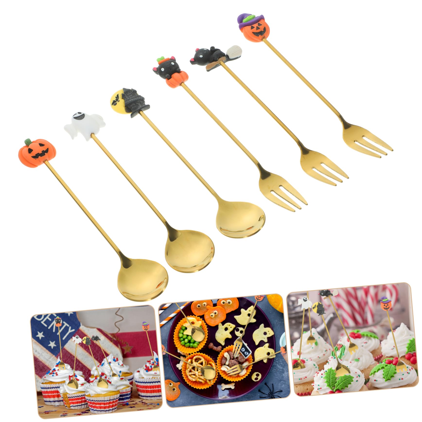 Garneck 1set Halloween Themed Stainless Steel Fork and Spoon Set Cute Tableware Pumpkin Ghost Bat and Cat Designs Portable Easy Halloween Parties