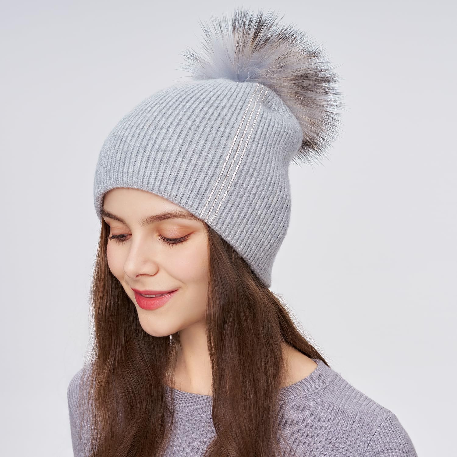 Women's Knitted Angora Wool Hat for Autumn and Winter Warm and Stylish with Rolled Brim and Slanted Rhinestones Cap