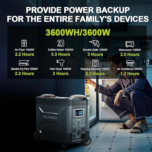 Miniatura 2 de ALLPOWERS Estación de energía portátil expandible de 3600 W, batería portátil LiFePO4 de 3456 Wh, 5 CA con salida RV de 30 A, generador solar UPS
