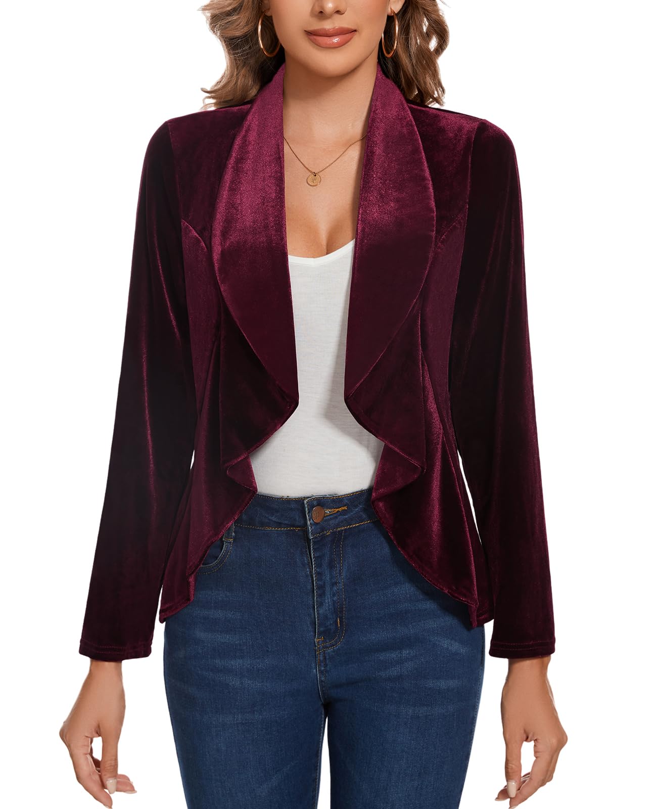 MINTLIMIT Womens Velvet Blazer Long Sleeve Open Front Suit Jacket Loose Fitting Tailored Jacket Coat with Ruffle Hem