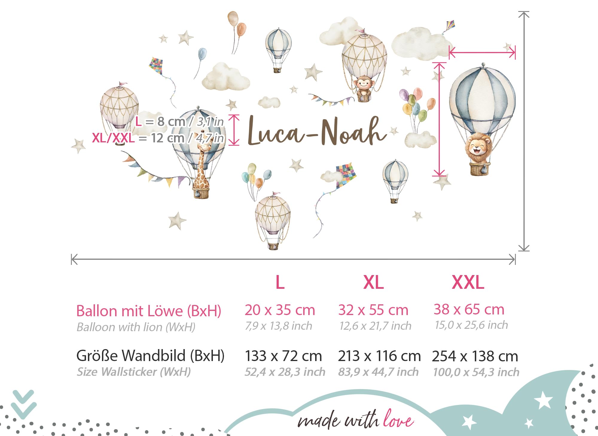 Little Deco Wandsticker Kinderzimmer Tiere Heißluftballon personalisiert Wandtattoo AFFE Löwe Wandaufkleber mit Name Babyzimmer Deko DL5094-05