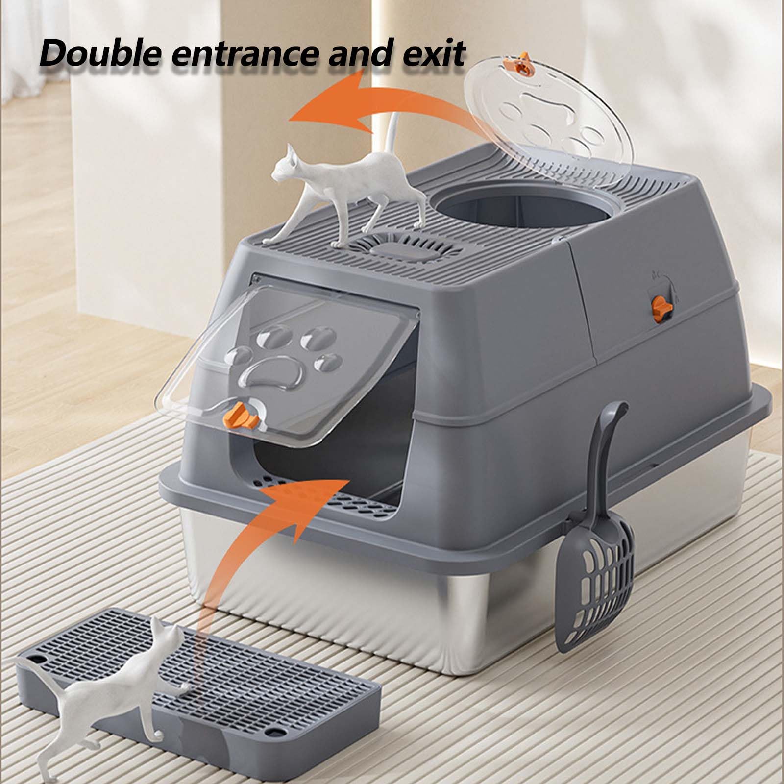 Lettiera per Gatti in Acciaio Inossidabile con Coperchio, Coperchio a Fogli mobili lettiera ad Ingresso Superiore con lettiera a Strato di lettiera, Non appiccicoso, Non Odor, Facile Pulizia Gray