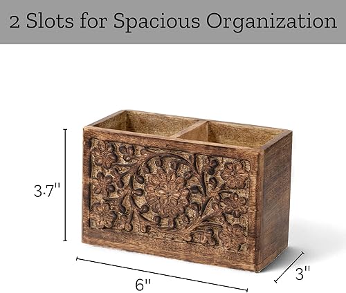 Miniatura 5 de Mie Creations Soporte rústico para lápices con 2 ranuras para organizador de escritorio, soporte de madera tallada a mano para mesa de escritorio,