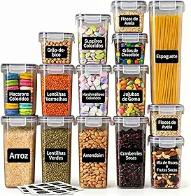 Kit 15 Potes Herméticos para Mantimentos com Tampa de Vedação Silicone e Travas, Organizadores de Cozinha e Despensa, Porta Alimentos Transparente Empilhável Sem BPA