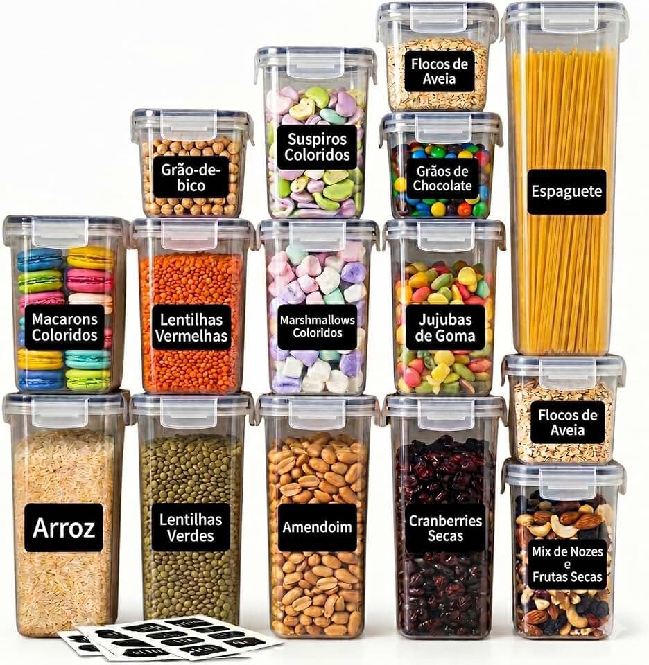 Kit 15 Potes Herméticos para Mantimentos com Tampa de Vedação Silicone e Travas, Organizadores de Cozinha e Despensa, Porta Alimentos Transparente Empilhável Sem BPA