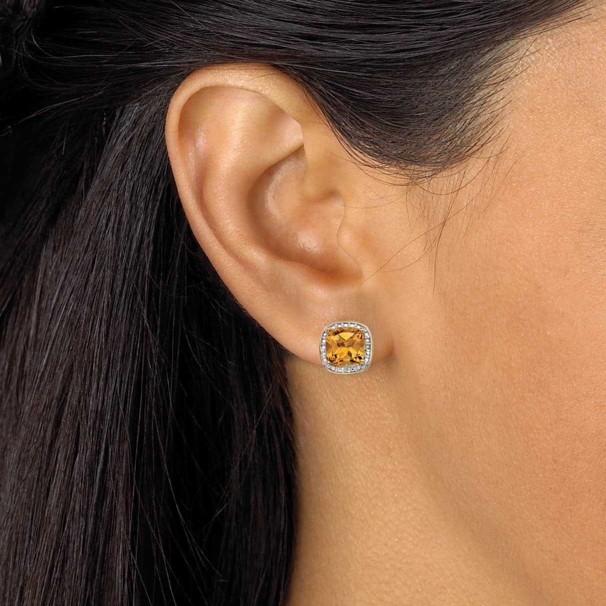 PalmBeach Yellow Gold-Plated Sterling Silver Cushion Genuine Yellow Citrine and Diamond Accent Halo Stud Earrings (10x10mm)