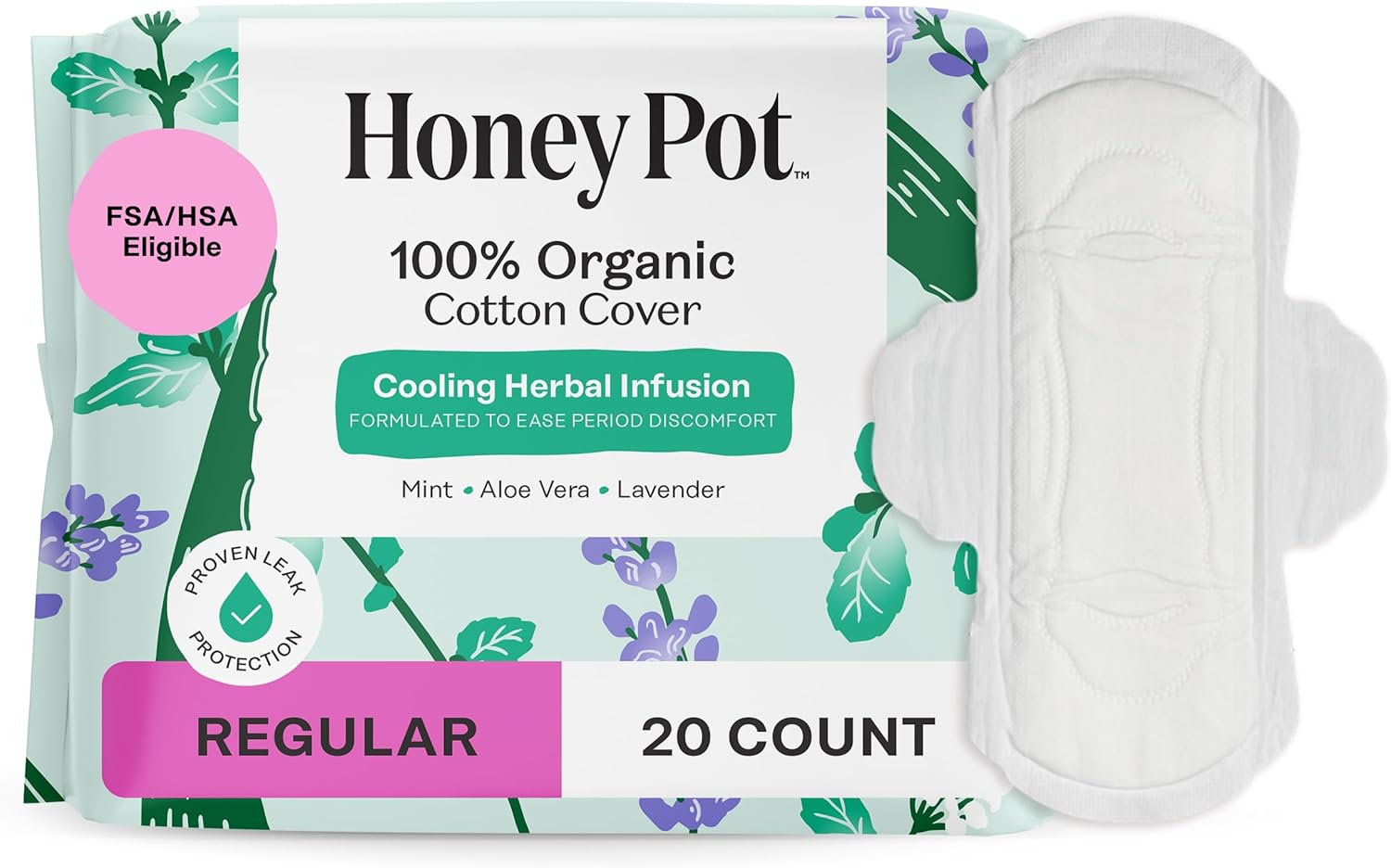 The Honey Pot Cooling Herbal Infusion Pads - Regular Flow with Wings, Organic Cotton Cover, Essential Oils for Soothing Relief - 20 Ct