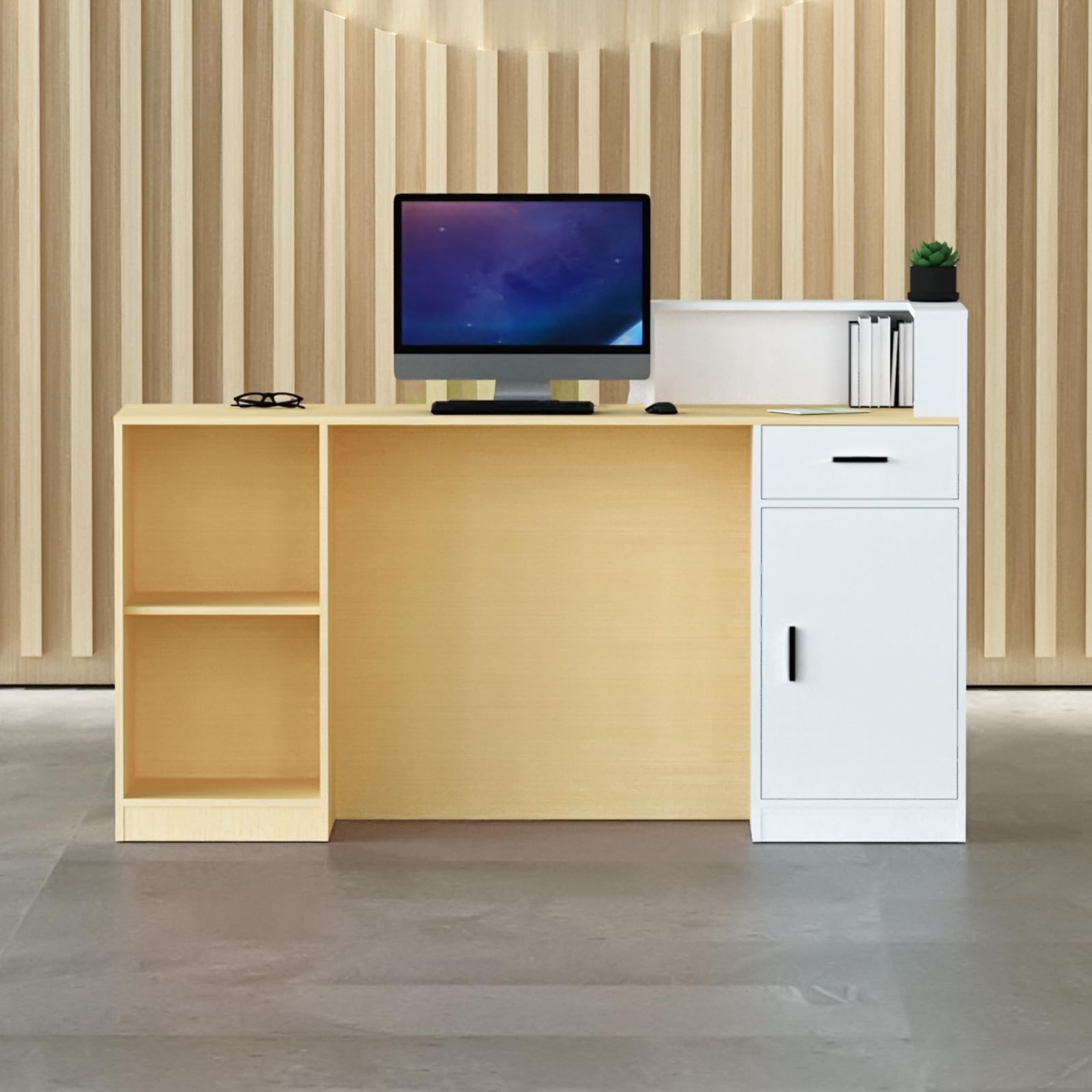 Descrito De Recepción Con Casilleros De Almacenamiento, 80-200CM Mesa De Recepción, Mostrador De Pago Moderno Para Salón, Oficinas, Hotel, Tiendas Minoristas Tabla White+wood-left corner 160×42×100cm