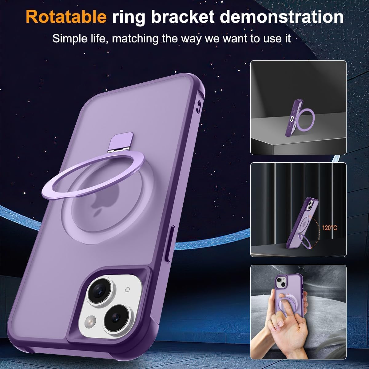 Magnetic Compatible with iPhone 14 Plus Case with Stand [Military Grade Drop Tested][Compatible with Magnet] Ring Translucent Slim Hard Back Soft Edge, Purple - Image 5