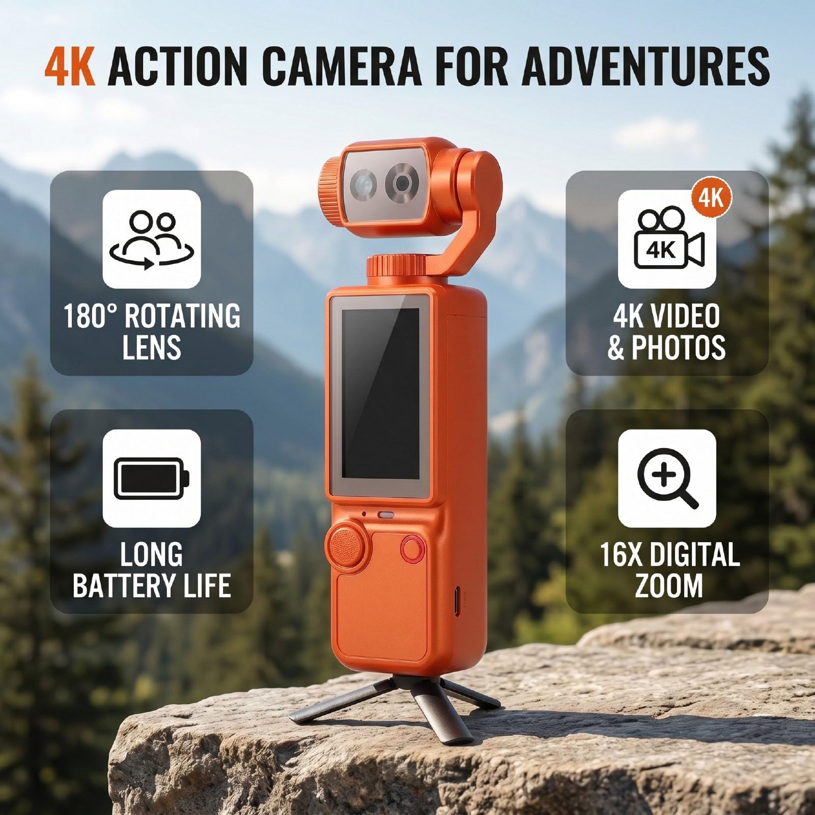 Videocamera Portatile, 4K Obiettivo Rotante 180°, Zoom 16x