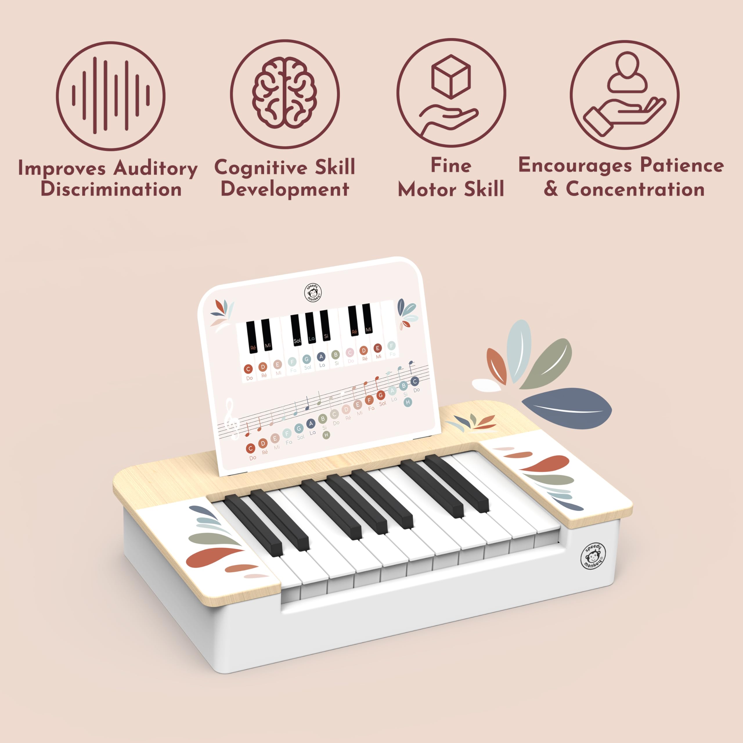 Speedy Monkey Holz Piano Keyboard Spielzeug FSC Zertifiziert ab 3 Jahren | Bunte Tasten, Mini-Tastatur, Kinder-Musikinstrumente, Kleinkind-Musikinstrumente, kreativer Rhythmus, Fingerfertigkeit