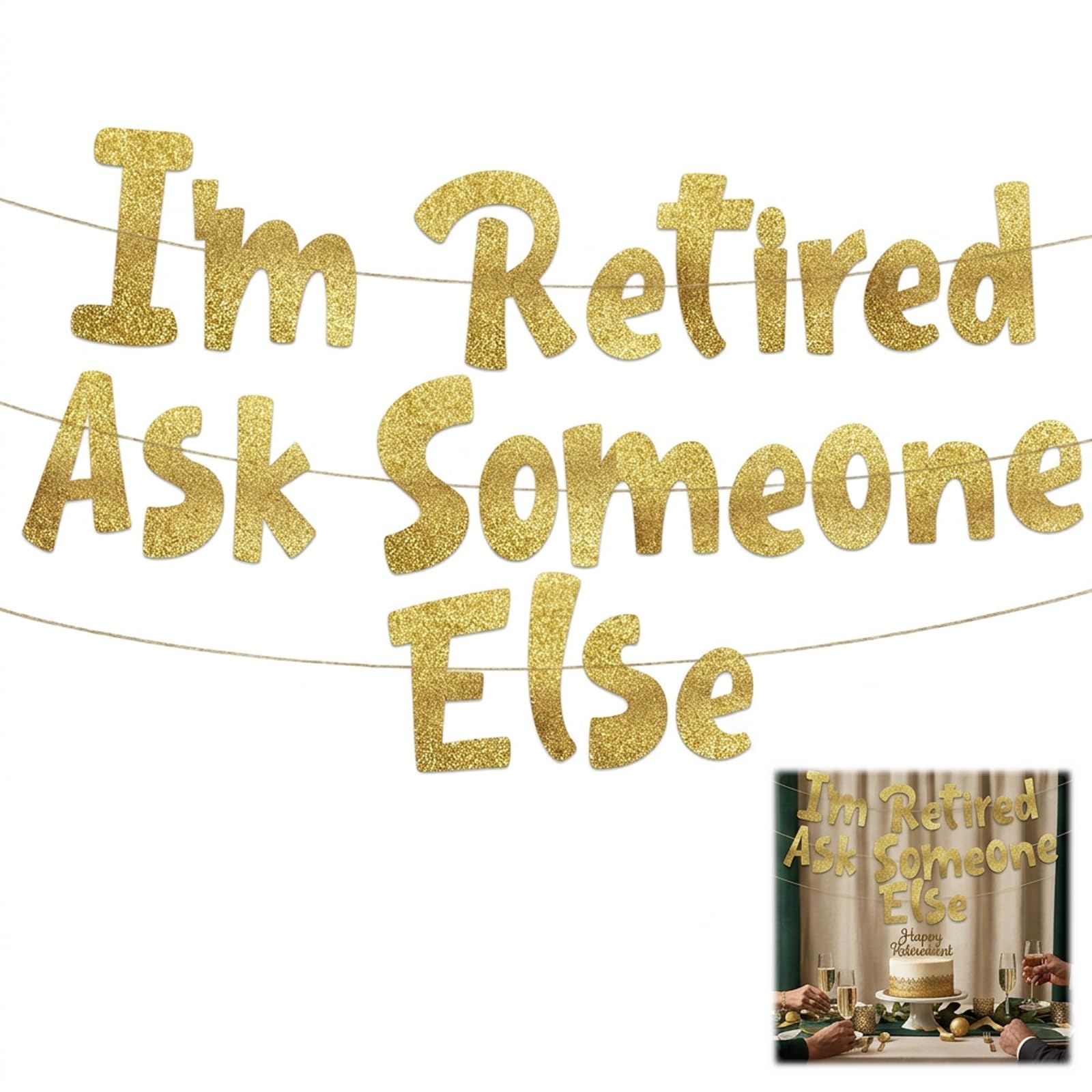 Retirement Banner, Happy Retirement Decorations for Women, Fun Retirement Party Banner with Gold Glitter, 1.8m Premium Cardstock Banner with Twine for Office Parties and Backyard Celebrations